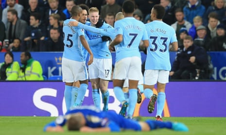 Kevin De Bruyne celebrates scoring Man City’s second goal against Leicester.