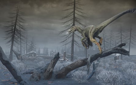 Illustration of a dinosaur in a blackened landscape