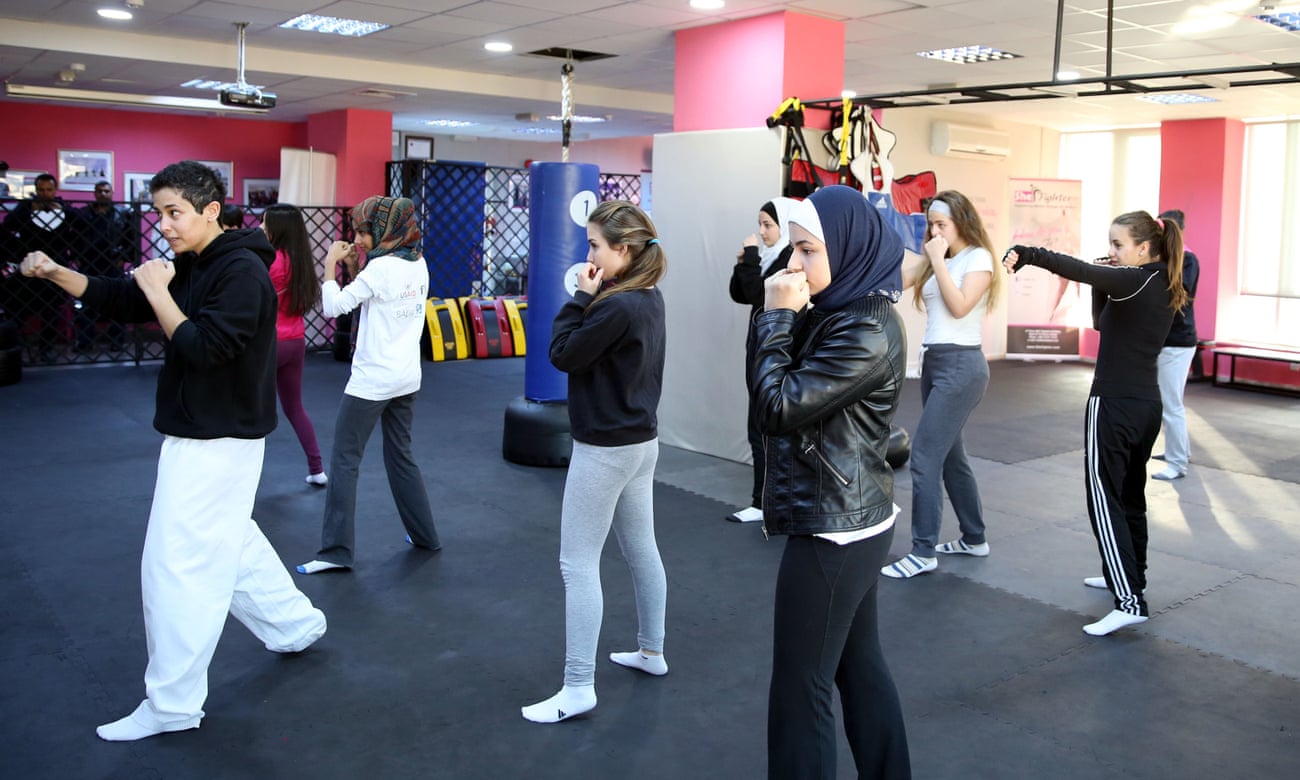 Lina Khalifa (far left) teaches a self-defence class in the Jordanian capital, Amman.