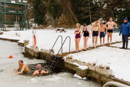 Taking an icy dip in Henleaze Lake in Bristol.