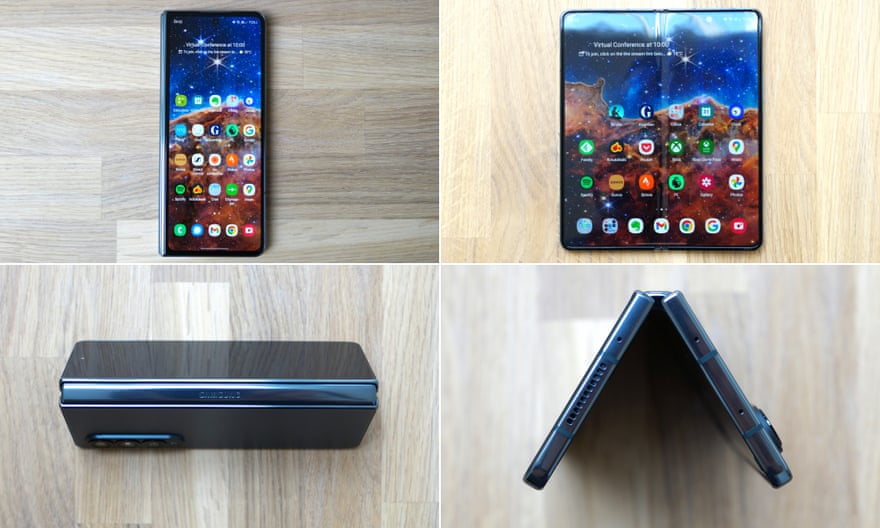 A collage showing the Z Fold 4 folded in various forms, including phone, tablet and tent configurations.