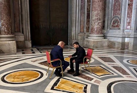 Donald Trump, left, and Volodymyr Zelenskyy in Rome for Pope Francis’s funeral, deep in conversation in St Peter’s Basilica.|465x317.38363636363636