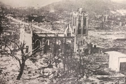 The ruins of the church in a scene of devastation