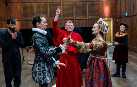 Taraash Mehrotra, Markus Weinfurter, David Tarkenter, Imogen Frances and Sian Williams rehearsing Death of Gesualdo at St Martin-in-the-Fields, London.
