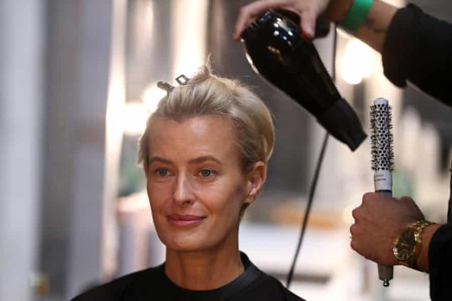 Sarah Grant prepares backstage before the Aqua Blu show during Australian fashion week 2021.