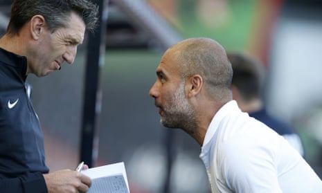Pep Guardiola, right, remonstrates with fourth official Lee Probert at the Vitality Stadium on Saturday.