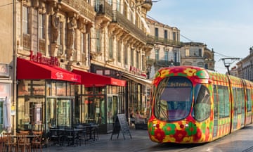 France, Herault, Montpellier, historic centre, tramway on Comedie square<br>2JBT8XJ France, Herault, Montpellier, historic centre, tramway on Comedie square