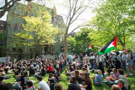 crowd of students sit on grass on campus with palestinian flags