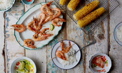 Grilled prawns and corn, and coconut rice.