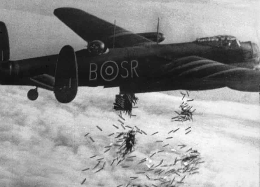 An RAF Lancaster dropping bombs over Duisburg, Germany, October 1944.