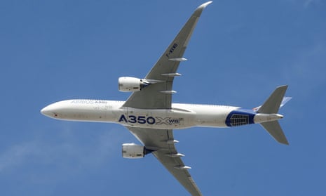 An Airbus A350 takes off at the aircraft builder’s headquarters in Colomiers near Toulouse, France
