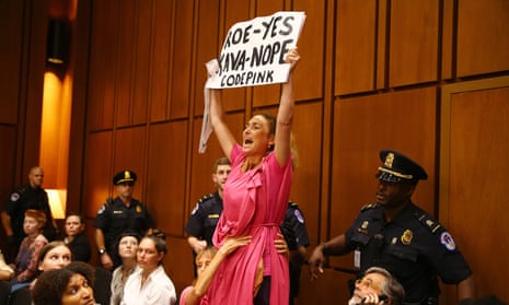 Supreme Court nominee Brett Kavanaugh confirmation hearing<br>epa06996321 A protester is removed as circuit judge Brett Kavanaugh prepares to testify before his Senate confirmation hearing to be an Associate Justice of the Supreme Court of the United States in the Hart Senate Office Building in Washington, DC, USA, 04 September 2018. President Trump nominated Kavanaugh to fill the seat of retiring justice Anthony Kennedy. If confirmed, Kavanaugh would give conservatives a five-member majority in the high court.  EPA/TASOS KATOPODIS