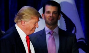 Donald Trump Jr watches his father leave the stage on the night of 2016 Iowa caucus, in Des Moines.