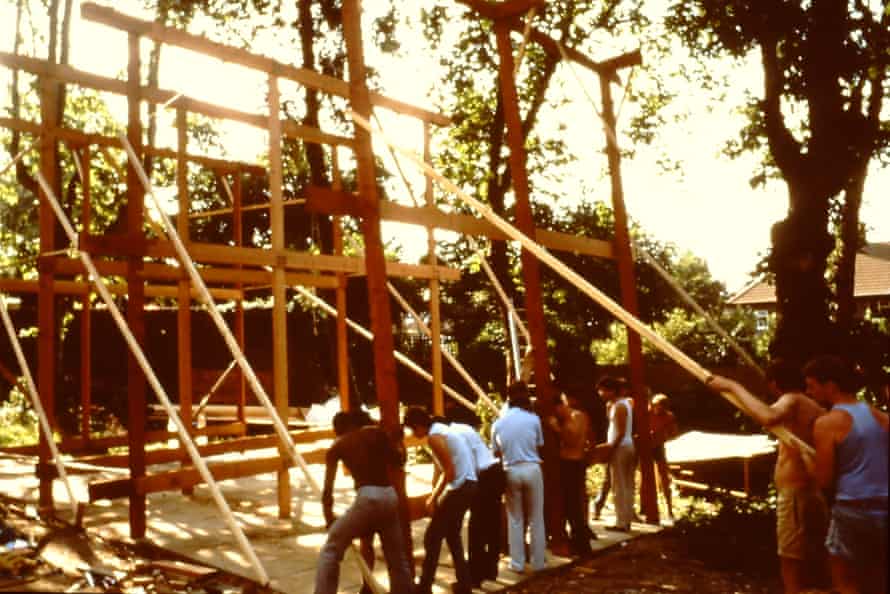 Barn-raising … the self-builders raise one of the house frames in the 1980s
