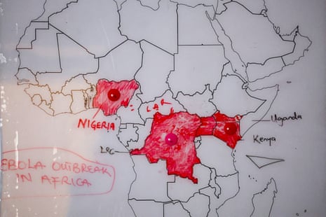 A crude map showing countries affected by active Ebola outbreaks at the headquarters of the Nigeria Centre for Disease Control and Prevention in Abuja, with Nigeria, DRC among others in red.