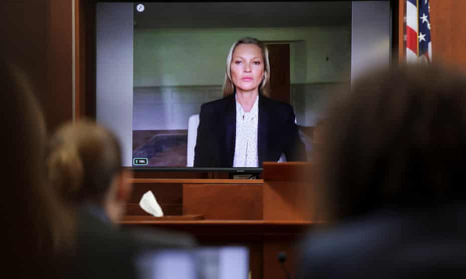 Kate Moss testifies by video link from her home in the Cotswolds. ‘He never pushed me, kicked me or threw me down any stairs, no,’ Moss said of Depp.