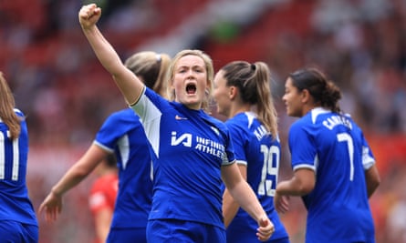 Erin Cuthbert celebrates during Chelsea’s 6-0 win at Manchester United on the final day.