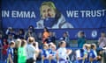 Chelsea fans show a banner in support of Emma Hayes, manager of Chelsea, after their side’s victory as WSL champions during the Women's Super League match against Manchester United at Kingsmeadow in May 2022.