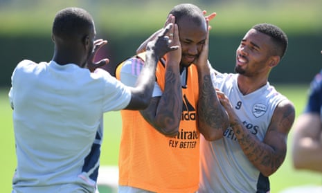 From left: Nicolas Pépé, Gabriel Magalhães and Gabriel Jesus during Arsenal training on Friday