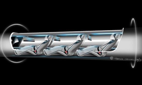 Conceptual design rendering provided by SpaceX showing a Hyperloop passenger transport capsule within a tube.