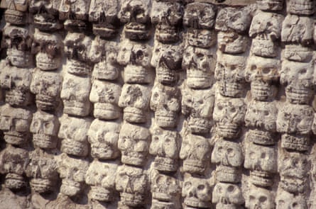 The Wall of Skulls or tzompantli at the Aztec ruins of the Templo Mayor or Great Pyramid of Tenochtitlan, Mexico City