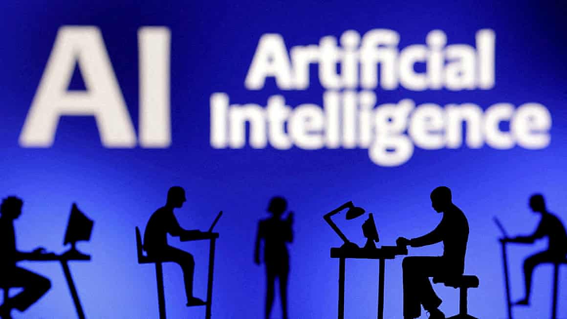 Illustration of silhouetted people working at desks above the words: 'AI artificial intelligence'