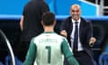 Roberto Martínez celebrates with his goalkeeper Thibaut Courtois after Belgium’s late winner