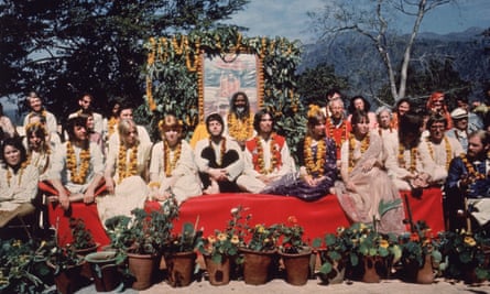 The Beatles and their wives and girlfriends at the Rishikesh in India with the Maharishi Mahesh Yogi. The group includes Ringo Starr, Maureen Starkey, Jane Asher, Paul McCartney, George Harrison, Patti Boyd, Cynthia Lennon, John Lennon.