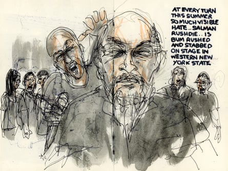 A graffiti-style portrait of Salman Rushdie in Summer of Hamn, Chuck D’s novel about the violence in America in 2022.