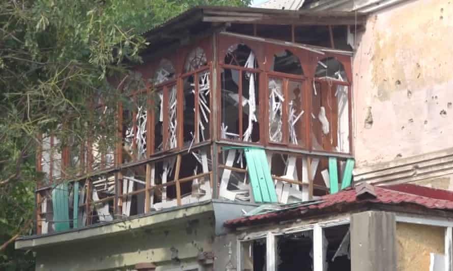 View of a damaged balcony, after Russian army artillery strikes in Lysychansk, Ukraine.