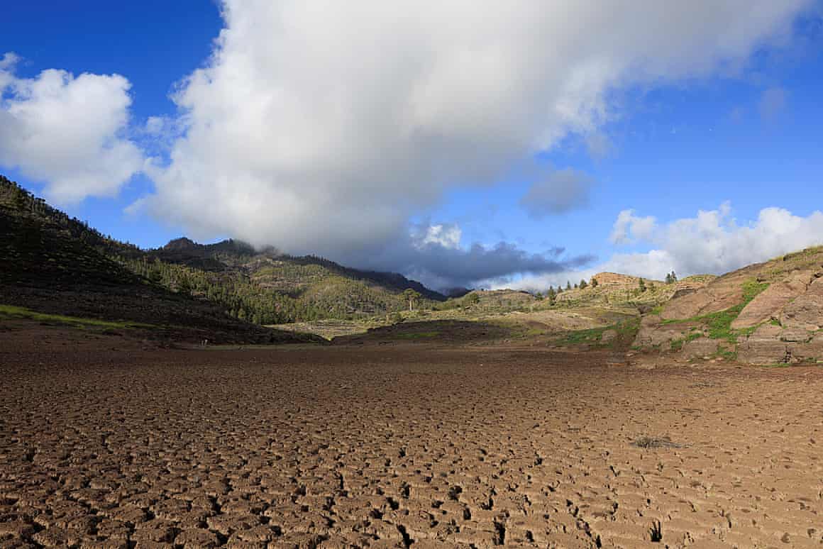 Parched land at Cueva de Las Ninas reservoir amid drought in Spain