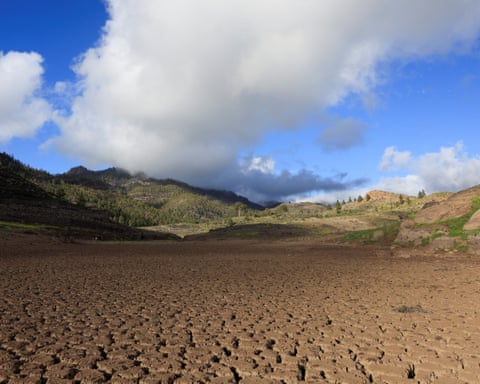 Parched land at Cueva de Las Niñas reservoir in the island of Gran Canaria, Spain, in March 2025.