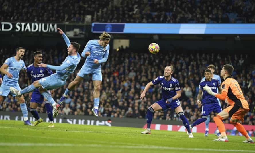 Jack Grealish’s header put Manchester City 2-0 up against Leeds on Tuesday