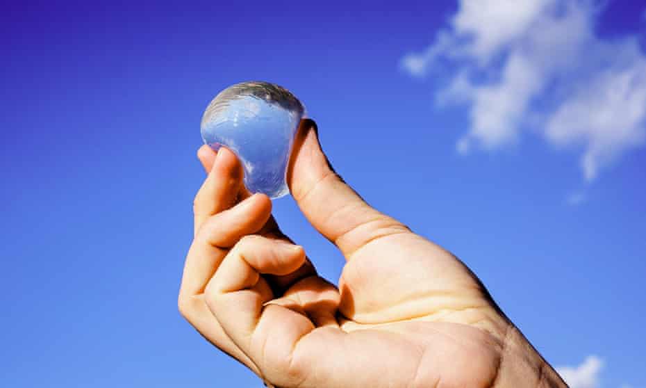 The Ooho edible water bottle. The double membrane encapsulating the water is made from calcium chloride and a seaweed product, sodium alginate.