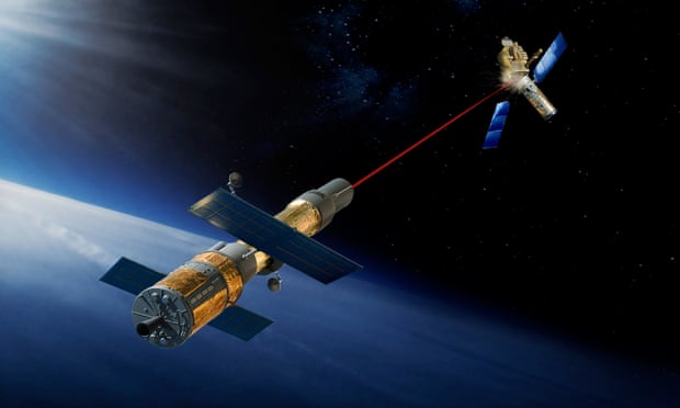 one satellite firing a laser at another