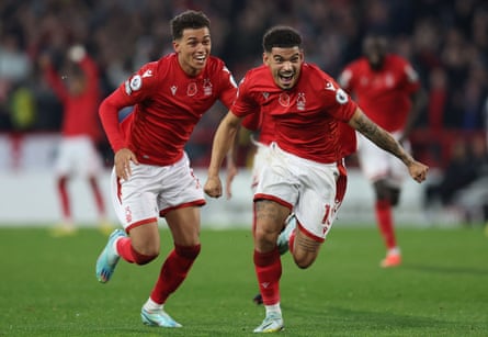 Nottingham Forest’s Morgan Gibbs-White (right) celebrates with Brennan Johnson after scoring the winner against Crystal Palace in November.