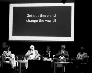 A panel of people including the president