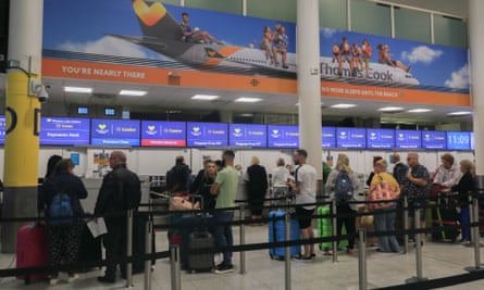 Check in counter of Thomas Cook airlines at Gatwick Airport.