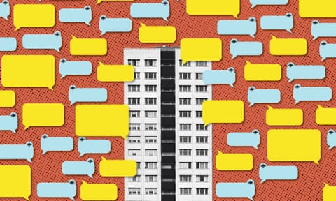 illustration: an apartment block surrounded by multiple text messaging speech bubbles