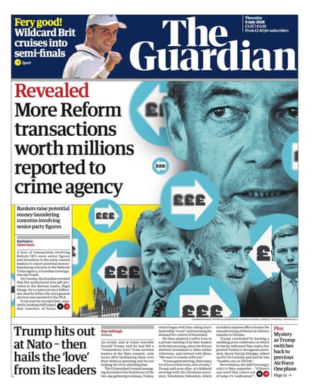 Front page of the Guardian 9 July 2026