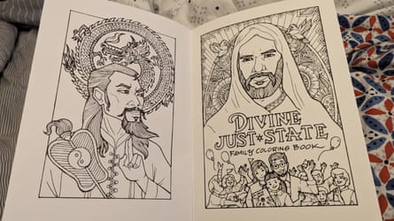 Drawings of religious-looking figures, one page with writing that says Divine Just State