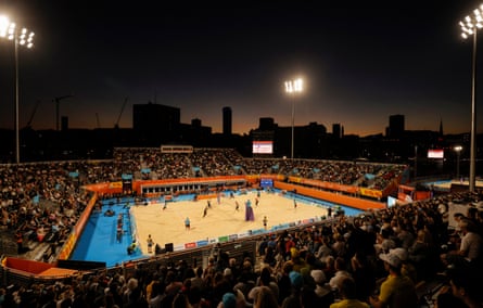 A packed crowd watches the women’s beach volleyball final between Canada and Australia at Smithfields.