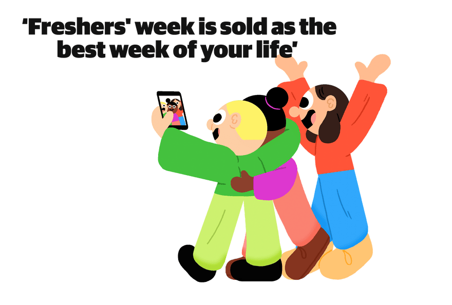 Illustration of three people hugging with quote - “freshers’ week is sold as the best week of your life”