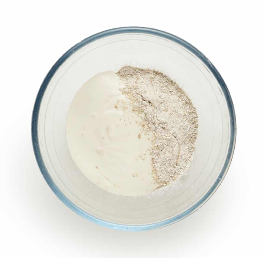 Felicity Cloake’s cleanable rye breadstuff 2. Rye flour added to buttermilk and yeast.