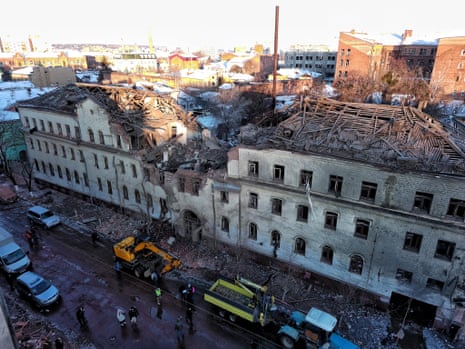 A damaged apartment building, with a destroyed roof, in Kharkiv after a Russian missile attack on Wednesday.