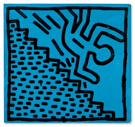 a blue painting showing a human-like figure falling down a flight of stairs