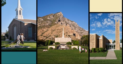 Collage of mormon structures behind green lawns