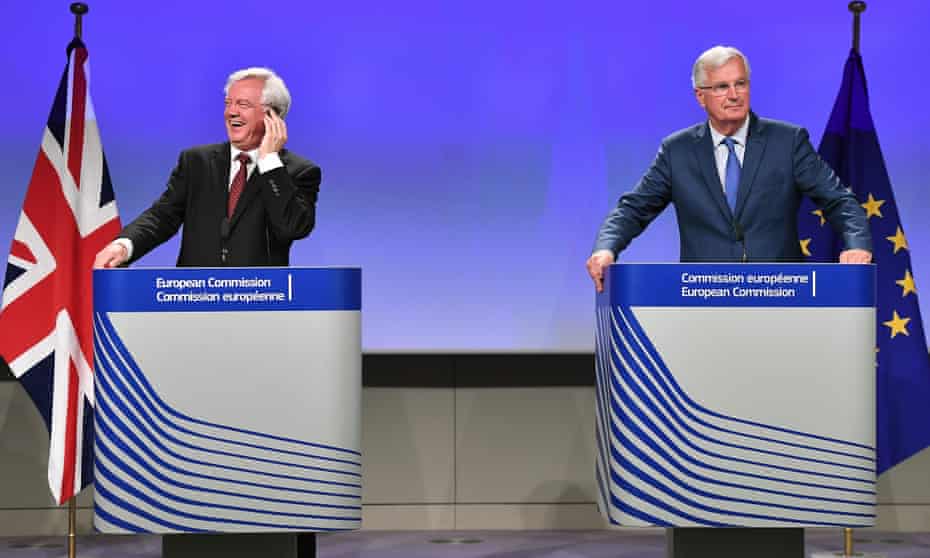 British Secretary of State for Exiting the European UnionDavid Davis and EU chief Brexit negotiator Michel Barnier address the media after the third round of Brexit talks.