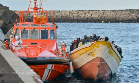 Migrants rescued by Spain’s maritime rescue service arrive at El Hierro island in the Canaries.