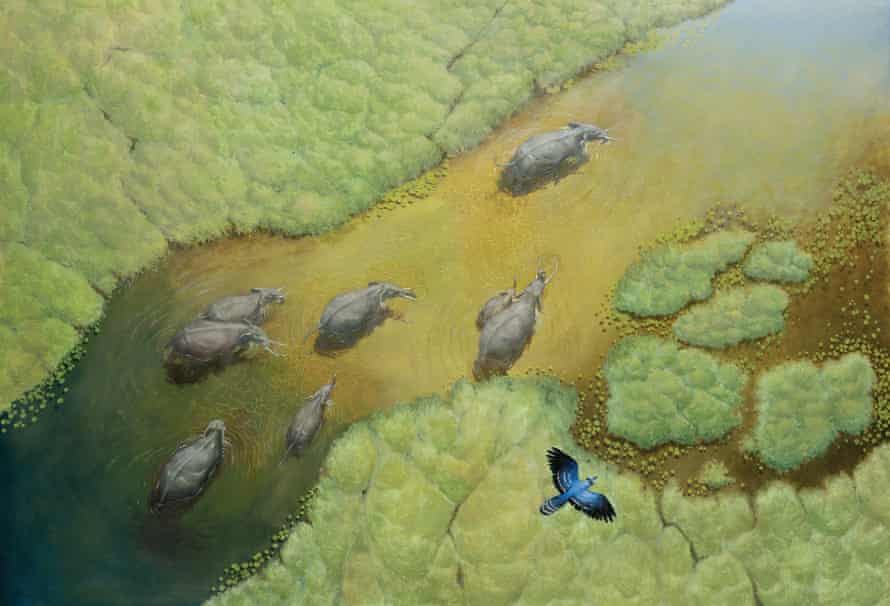 نقاشی از کتاب 2022 مت اوتلی به نام درخت خلسه و غم غیر قابل تحمل، تصویر فیل هایی است که از رودخانه ای پر از جنگل های بارانی راه می روند.